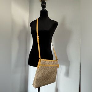 COACH Messenger Crossbody Bag Signature Canvas Tan with yellow trim -leather